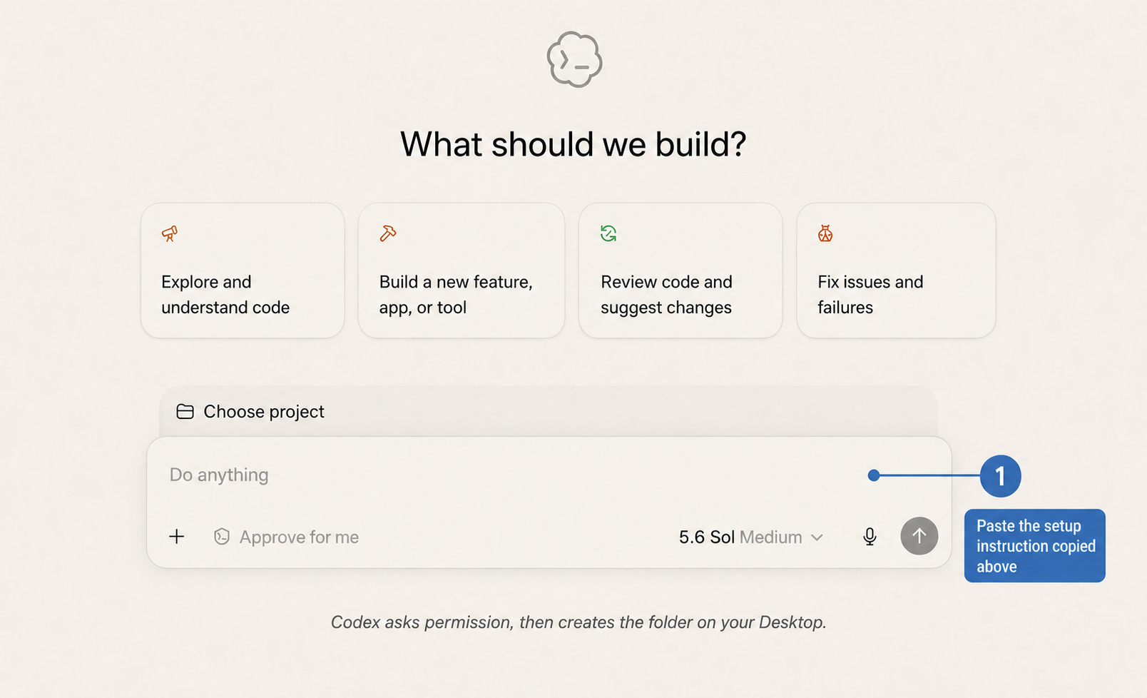 Codex start screen showing where to paste the setup instruction